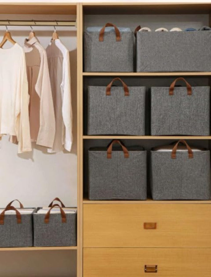 Wardrobe shelves fitted with grey organisers