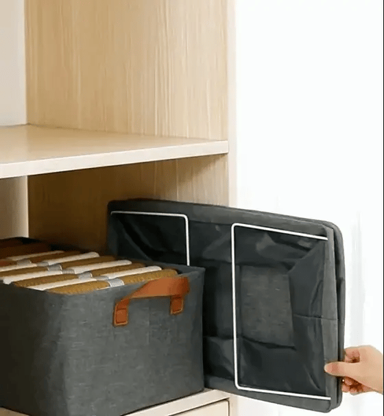 An empty box folded flat and slid into a shelf